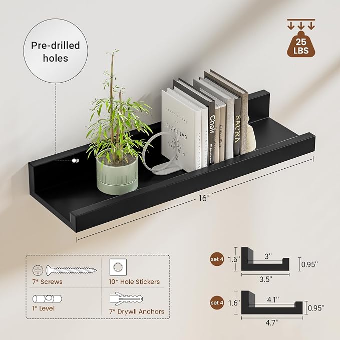 Heimlove 24 inch Picture Ledge Shelf Set of 8,Long Floating Shelves for Wall,Black Picture Shelf with Lip for Wall Decor,Living Room Bedroom Bookshelf Photo Frames Nursery Book Shelves for Storage