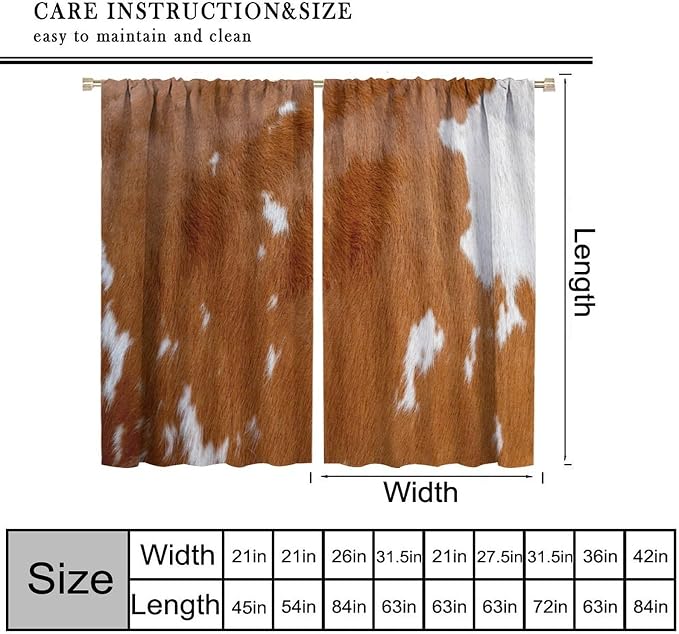 Cowhide Blackout Curtain, Rustic Cow Print Brown Animal Fur Skin Drapes, Window Treatments Rod Pocket 2 Panels Curtains for Kitchen Bedroom Living Room Offiec Decor 63" W X 72" L