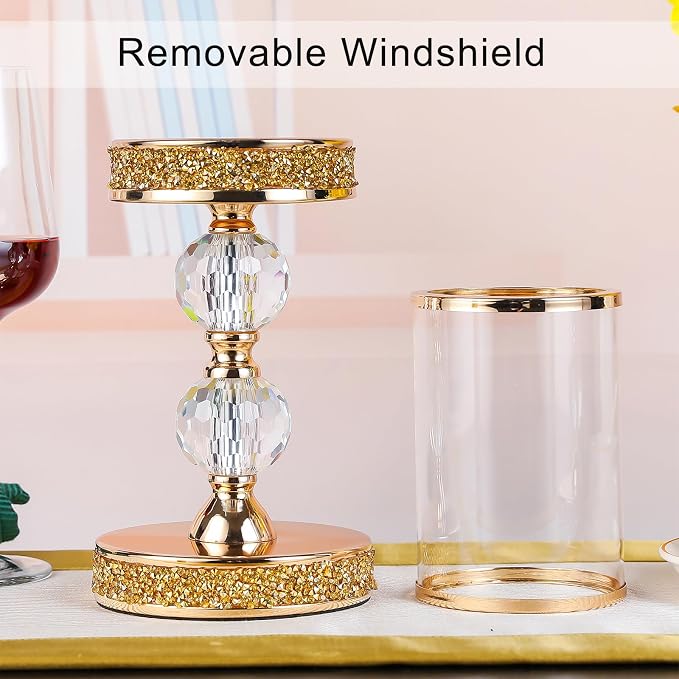 Pillar Candle Holder, 13 Inch Crystal Candlesticks for 3''X5'' Candles, Dining Coffee Table Decor, Wedding, Events, Parties - Glass and Gold Finish