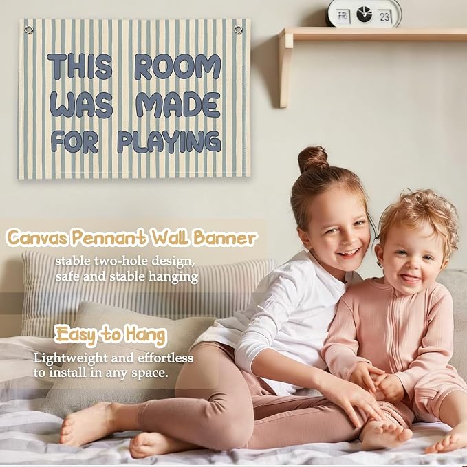RTXLEZM Kids Playroom Decor, This Room Was Made for Playing Canvas Banner Wall Hanging, Retro Boho Blue and Cream Striped Wall Art Prints for Toddler Boys Room Bedroom Playroom Decor, 20x30 Inch