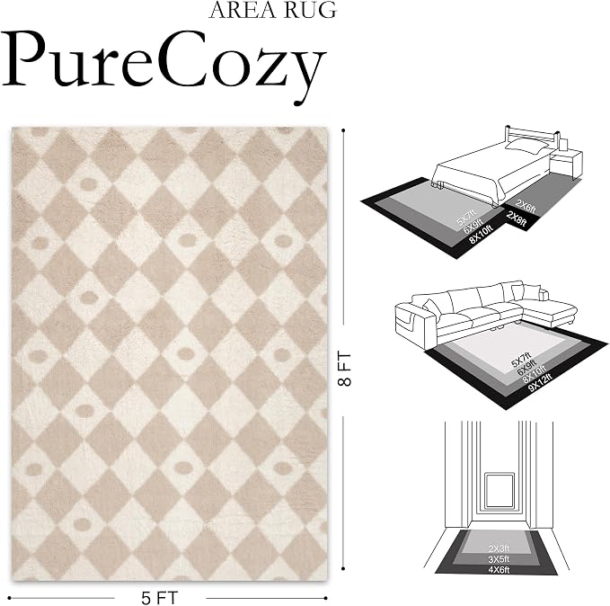 PureCozy Checkered Rug 5x8 Fluffy Shag Living Room Beige Area Rug Modern Washable Carpet Soft Shaggy Non Slip Indoor Plush Fuzzy Rugs for Bedroom Dorm Office Home Aesthetic Decor