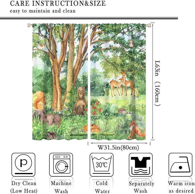 YCness Forest Animal Curtains, Watercolor Wild Animal Bear Fox Deer Kids Window Treatments for Living Room Bedroom,Green Woodland Tree Kids Drapes 2 Panel Sets,63x63 Inch