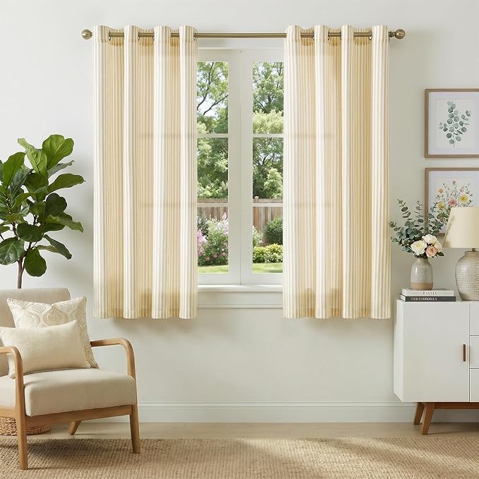 jinchan Linen Curtains 63 inch Yellow Stripe on White Grommet 2 Panels | Curtains for Living Room Bedroom,Ticking Vertical Stripe Pattern,Modern Farmhouse Drapes, Window Treatment,Light Filtering