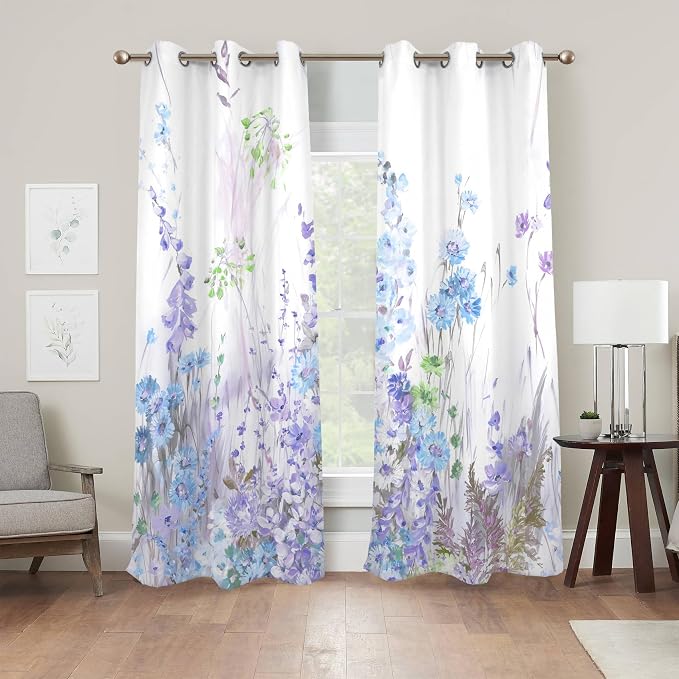 Renaiss Purples Blue Floral Print Blackout Curtains, Pastel Wild Flowers Thermal Insulated Bedroom Window Curtains, Spring Floral Art Window Drapes for Living Room, 84" L x 42" W 2 Panel Set