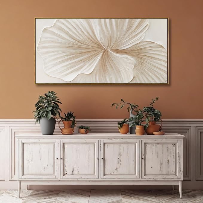 Framed White Floral Wall Art Hand Painted Textured Canvas Wall Art Modern Minimalist Abstract Flower Artwork for Living Room Bedroom Office 24x48 Inch
