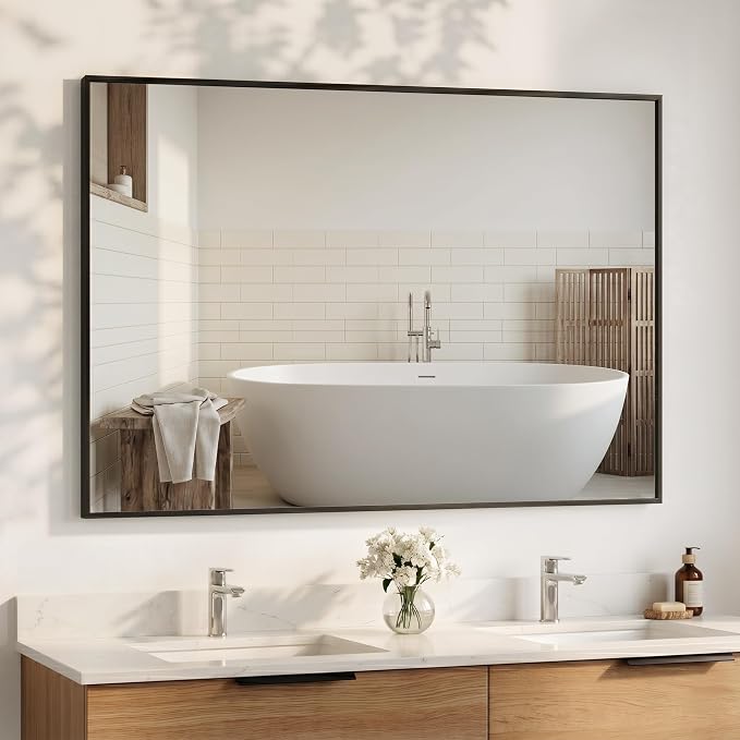 48"x30" Matte Black Large Framed Bathroom Vanity Wall Mirror | Large Vanity Wall Mirror, Slim Metal Frame, Dresser, Sideboard Use, Vertical, Horizontal Mount, Tempered Glass