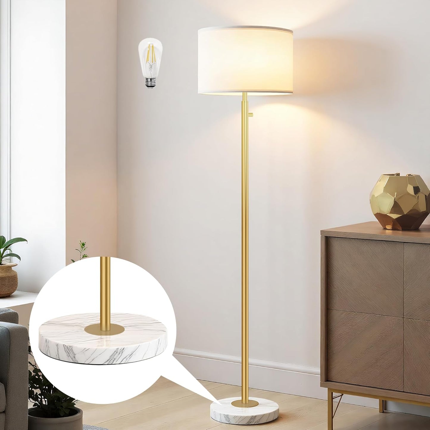Floor Lamp for Living Room,Dimmable Gold Floor Lamp,Modern Standing Lamp with Marble Base,Tall Standing Lamp for Bedroom, Reading,Office & Kids' Room,LED Bulb Included(Gold)