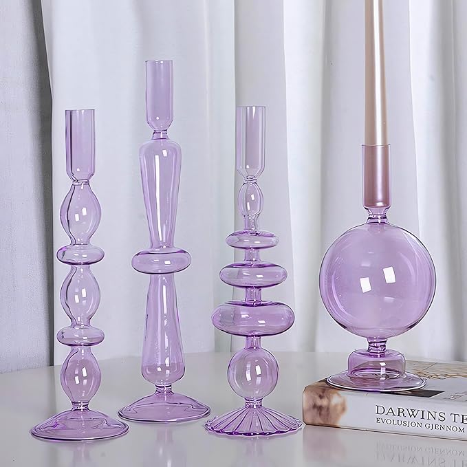 Candle Stick Candle Holder, Glass Candle Holders for Table Centerpiece, Modern Style Purple Candle Holder Mixed 4pcs
