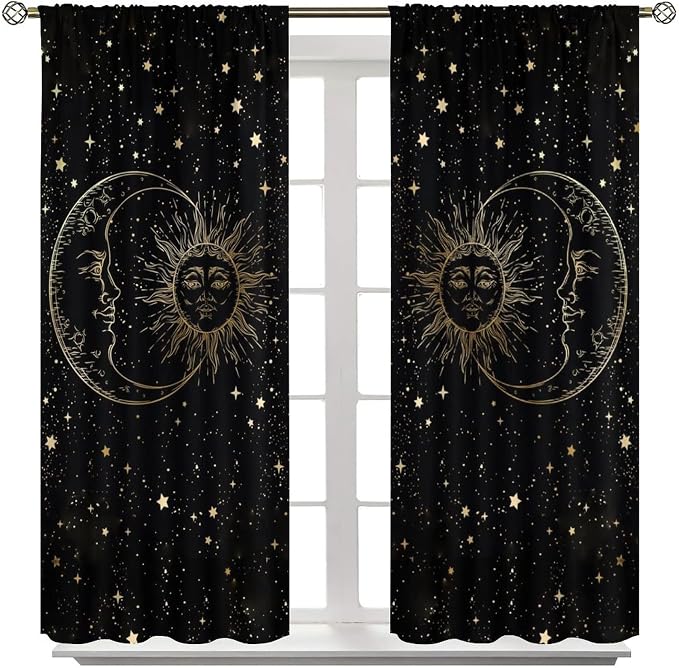 Sun Moon Blackout Windows Curtains, Golden Sun Moon and Stars Black Sky on Bohemian Style Curtains, for Living Room Bedroom 63x72in 2 Panels