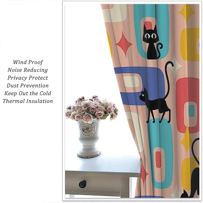 JESTRONRY Mid Century Style Curtains, Black Cat Modern Abstract Geometric 1950s 60s Vintage Colorful Blackout Rod Pocket Window Drapes for Living Room Bedroom Home Decor 42x63in