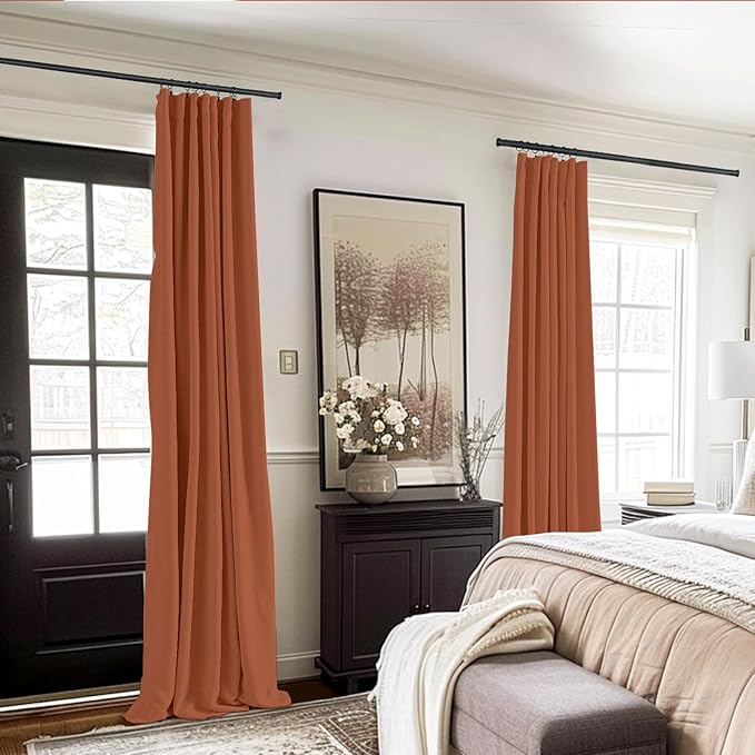 100% Blackout Shield Full Blackout Curtains for Bedroom 84 inch Length 2 Panels Set, Clip Rings/Rod Pocket Faux Linen Black Out Curtains for Living Room, Thermal Insulated, 50Wx84L, Burnt Orange