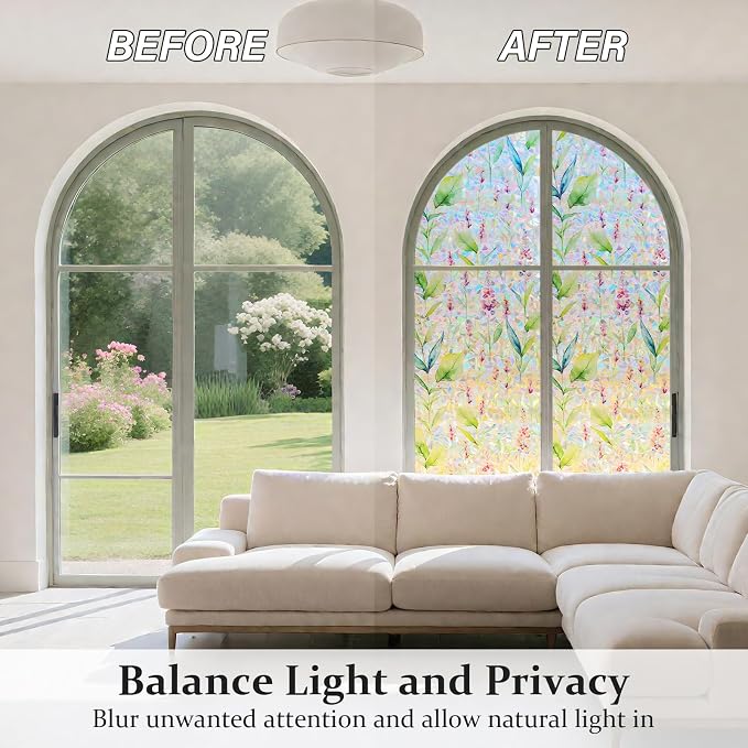 Donox Decorative Window Privacy Film, 3D Floral Stained Glass Window Film Static Cling Rainbow Privacy Sticker for Glass Door Heat Control Anti UV, No Adhesive (Gladiolus,35.4 x 78.7 inches)