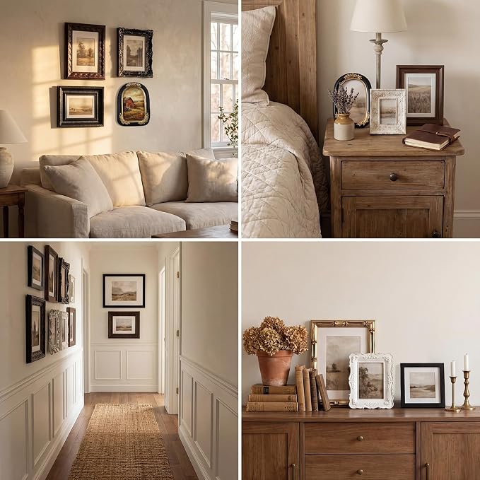 Kathfly 15 Pack Vintage Picture Frames for Wall, Tabletop Display Ornate French Country Frames Vintage Farmhouse Decor Antique Wall Frame Set for Gallery Bedroom Living Room Decor (Retro in Black)