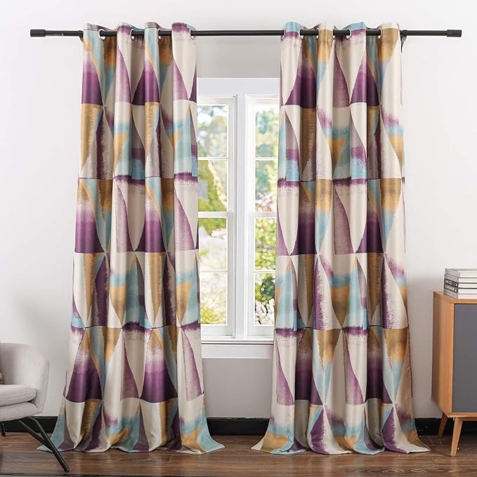 Leeva Blackout Print Curtains for Living Room, Geometric Purple and Blue Privacy Light Blocking Room Darkening Energy Saving Window Drapes for Bedroom, 2 Panels, 52x63