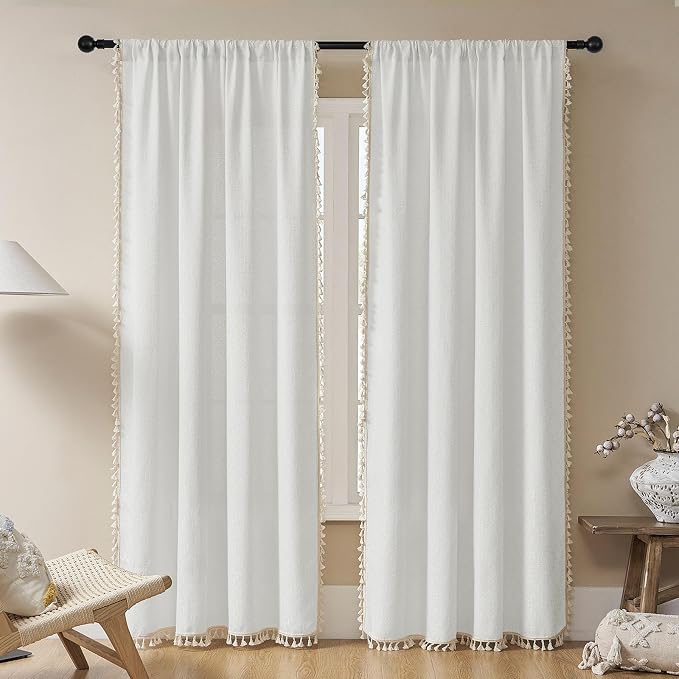 Joydeco White Boho Curtains 108 Inches Long 2 Panels, Super Soft Bohemian Farmhouse Curtains with Tassels, Semi Sheer Light Filtering Drapes for Bedroom Living Room (Rod Pocket, 52Wx108L)