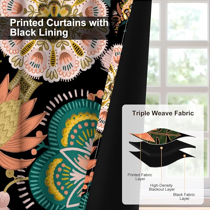 Boho Blackout Curtains 84 Inch Length 2 Panels Set, Farmhouse Floral Black Out Curtains 84 Inch Long with Tiebacks, Room Darkening Thermal Soundproof Bohemian Curtains for Bedroom and Living Room