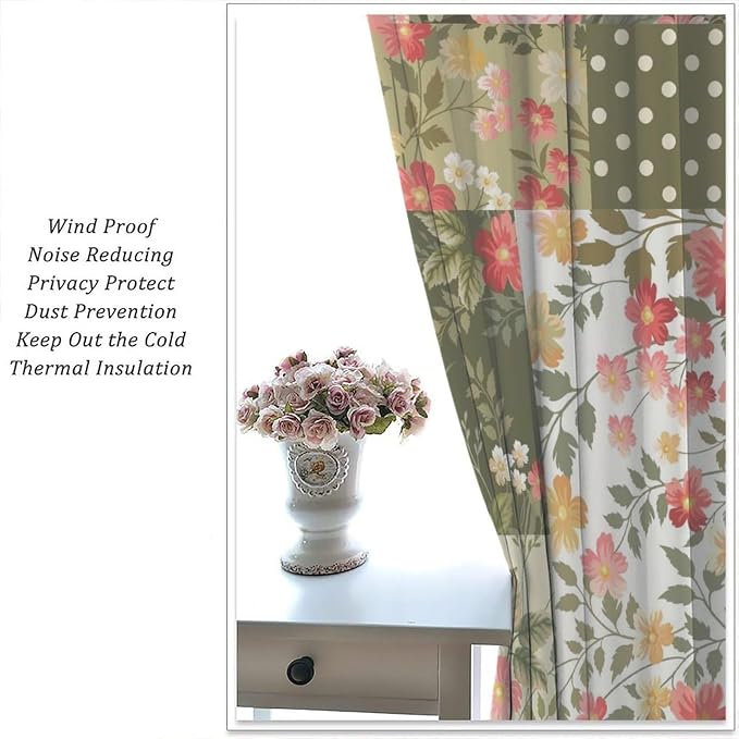 Boho Floral Patchwork Blackout Curtains Vintage Bohemian Floral Colorful Spring Wild Flower Retro Print Window Drapes for Bedroom Living Room Kitchen Cafe （W31.5xL63 Inch） x2 Panels