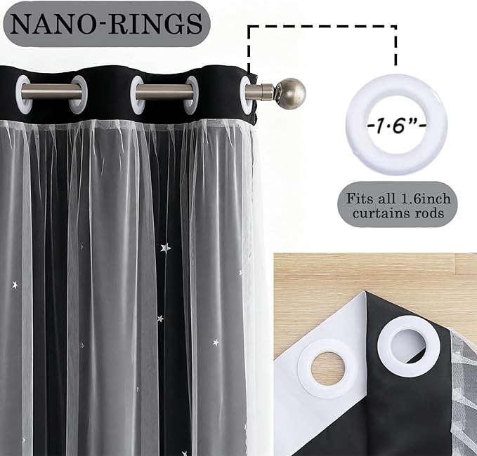 Cute Star Blackout Curtains for Bedroom, Double Layer Curtains, W52X L63 | 2 Panels Black Thick Grommet Top Star Cutout Curtains, Double Layer Window Treatments, Aesthetic Living Room Decor