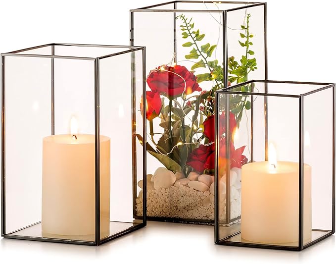 Nuptio Glass Hurricane Candle Holder for Pillar Candles 3 Pcs Black Metal Candle Holders Large Rectangular Candleholder Vase Centerpieces Decoration for Halloween Christmas Party 9.5 & 8.1 & 6.5 inch | Large Rectangular Candleholder Vase Centerpieces D...