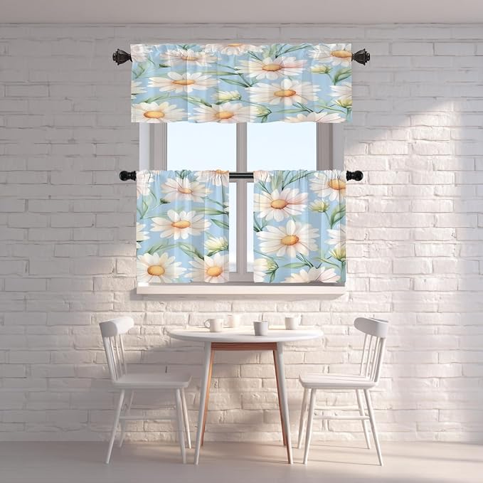 Shrahala Daisies Leaves Blackout Short Curtains for Windows, White Daisies On Blue Kitchen Valance Thermal Insulated Rod Pocket Window Treatment for Bathroom 52 X 18 in