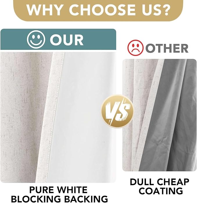H.VERSAILTEX Linen Curtains 100% Blackout Curtains for Bedroom 90 inch Long Full Light Blocking Nature Linen Blended Window Curtains for Living Room Nickel Grommet (2 Panels, Ivory)