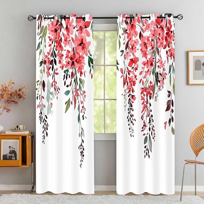 Red Watercolor Floral Curtains, Botanical Leaves Vine Flowers Curtain, Rustic Farmhouse Flower Leaf Blackout Window Treatment Drapes for Bedroom Living Room 52x72 inch, 2 Panels