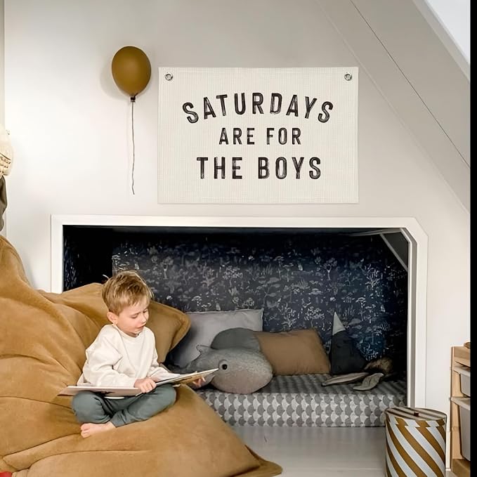 Boy Nursery Playroom Decor, Saturdays Are for The Boys Canvas Banner Wall Hanging Banner Flag Decor for Nursery Classroom Playroom Kids Room, Playroom Essentials, 26x19 Inch, Beige