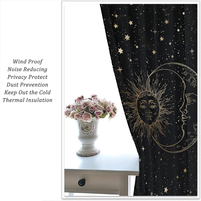 Sun Moon Blackout Windows Curtains, Golden Sun Moon and Stars Black Sky on Bohemian Style Curtains, for Living Room Bedroom 84x84in 2 Panels