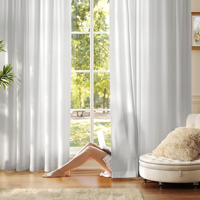Anmao Non-See-Through Privacy Semi Sheer Curtains for Living Room 102 Inch Length 2 Panels Set, Light Filtering That Let Light in Rod Pocket Window Drapes for Bedroom, 52W x 102L, Light Grey