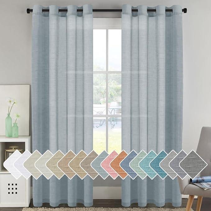 H.VERSAILTEX Linen Semi Sheer Curtains 96 inches Long Pair Set Linen Textured Sheer Curtains Nickel Grommet Window Treatment Panels for Villa/Hall/Parlor, Open Weave - 52" W x 96" L - Teal