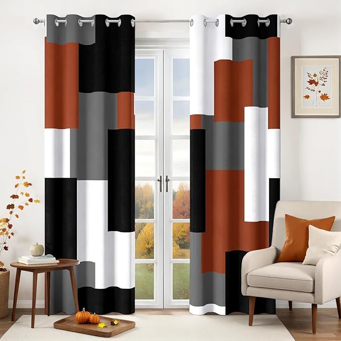 Tyrot Burnt Orange 100% Blackout Curtains for Bedroom 63 inch Length 2 Panels Set Rust Modern Abstract Geometric Black Out Curtains Insulated Room Darkening Window Drapes for Living Room, 52Wx63L