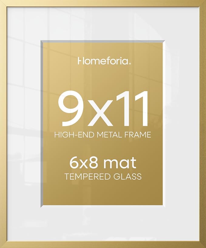 Homeforia 9x11 Gold Frame, High End Metal 9 x 11 Picture Frames with Mat 6 by 8 inch Photo, 9by11 Thin Poster Frame Matted to 6x8 Print, 11x9 Wall or Tabletop Frame, Tempered Glass, Wall Kit, Set of 2