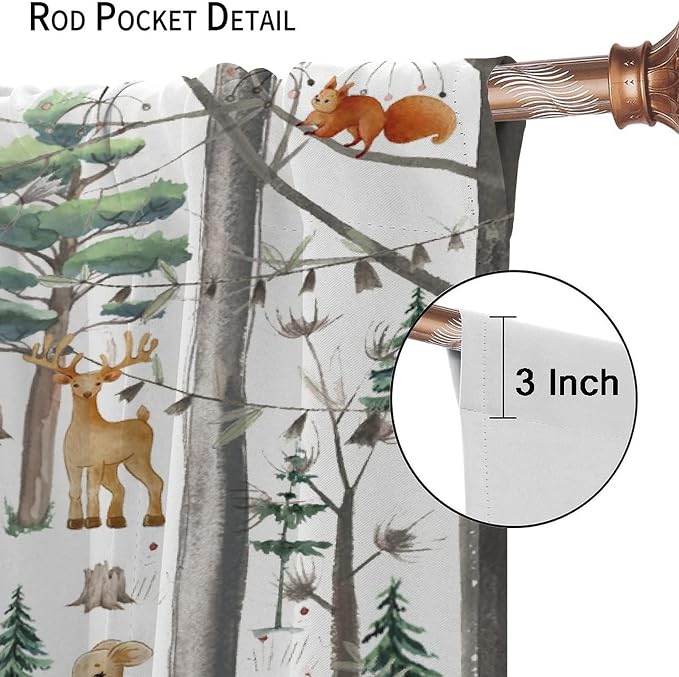 YCness Kid Forest Woodland Animal Fox Elk Bear Watercolor Print Curtains for Nursery Bedroom Living Room, Rustic Wild Animal Window Drapes 2 Panel Set, 84x84 Inch