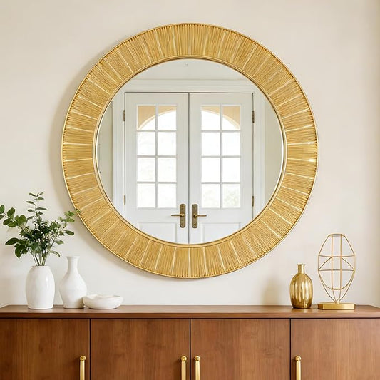 Round Gold Wall Mirror - 31Inch Round Circle Wall Mirror for Wall Decor, Gold Wall Mirrors Decorative with Carve Framed Art Accent for Living Room, Dining Room, Bedroom, Entryway