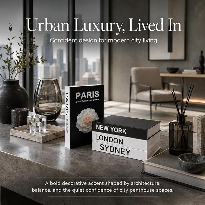 PROBENEX 4 Pcs Decorative Books | Faux Travel Coffee Table & Shelf Decor | Worldly Eclectic Look for Living Room, Office and Entryway - Not Real, Tool-Free 2-Min Setup