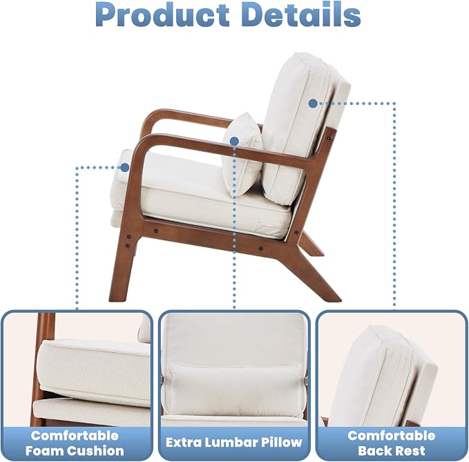 DUMOS Accent Chairs Set of 2, Mid Century Modern Chair with Lumbar Pillow and Solid Wooden Frame, Low Lounge Chair for Small Living Room, Bedroom, Reading Nook, Home Corner, Beige