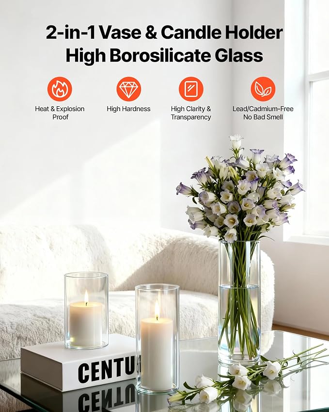 VEVOR Pillar Candles and Glass Vases Set 36 Pcs, Clear Cylinder Hurricane Candle Holders for Wedding Centerpieces, Tall Vase for Table Decor, Wedding Party, Thanksgiving,White (2.56" x 4.7",5.9",7.9")