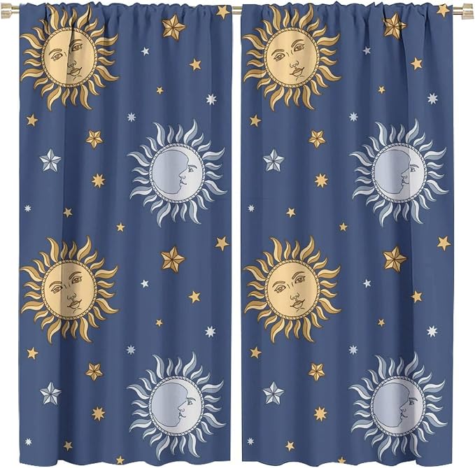Vintage Sun Moon Bohemian Blackout Window Curtains, Retro Boho Style Print Rod Pocket Window Drapes, for Living Room Bedroom 84x84in 2 Panels