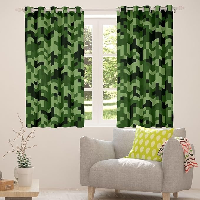 Castle Fairy Green Camo Window Curtain,Army Green Camouflage Bedroom Decor Curtains for Kids Boys Teens,Geometric Grid Patchwork Window Treatment Soft Blackout Drapes 2 Panels,52Wx96L