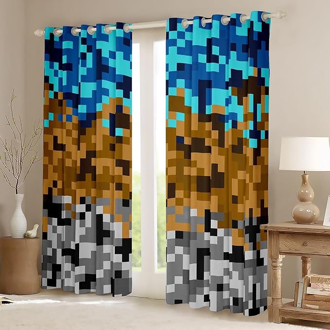 Pixelated Miners Gaming Window Curtain,Blue Brown Grey Grid Blackout Window Treatment ,Teens Woman Men Construct Video Games Bedroom Curtains Geometric Block Living Room Decor Top 2 Panels,52Wx90L