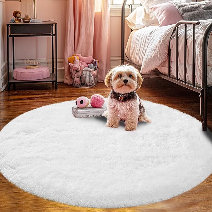 Round Fluffy White Rug 4x4ft: Ultra Soft Furry Girls Bedroom Carpet- Oval Plush Rug for Girls Room & Kids Room, Nursery (4ft, White)