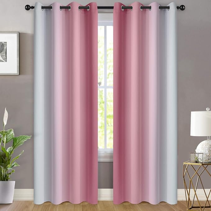 Yakamok Ombre Curtains Pink and Greyish White for Living Room,52Wx84L | Room Darkening Curtains 84,Thermal Insulated Gradient Color Drape,Light Blocking Grommet Window Curtains for Bedroom,2 Panels