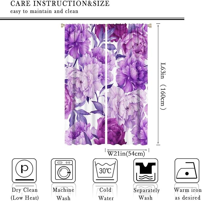 Floral Blackout Window Curtain Purple Blooming Flowers Style Print for Home Kitchen Livingroom Coffee Room Curtains Drapes 2 Panels 42x63in