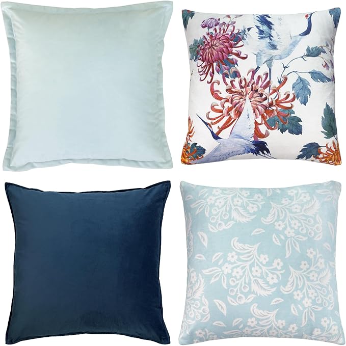 Decorative Throw Pillow Set of 4, 18" x 18" Colorful Blue Floral Accent Pillow Covers, Velvet Crane
