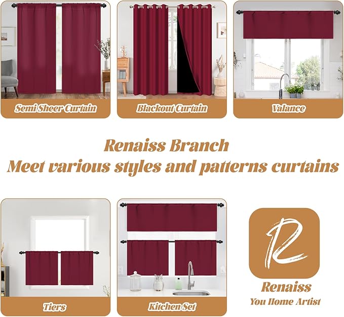 Renaiss 26 x 24 Inch Burgundy Red Semi-Blackout Window Curtains for Kitchen Bathroom Window Treatment Tier Rod Pocket Christmas Decorative Curtains with Back Tab Linen Texture Curtains 2 Panels
