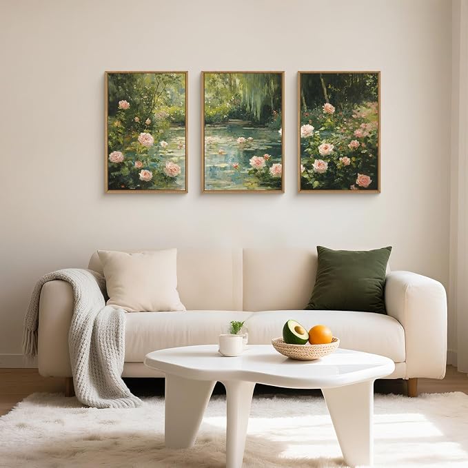 Water Lilies Monet Framed Canvas Wall Art Set,Garden Pond Impressionist Floral Wall Decor,Vintage Oil Green Vibrant Flower Botanical Artwork for Living Room, Bedroom,Farmhouse- 24"x36"x3