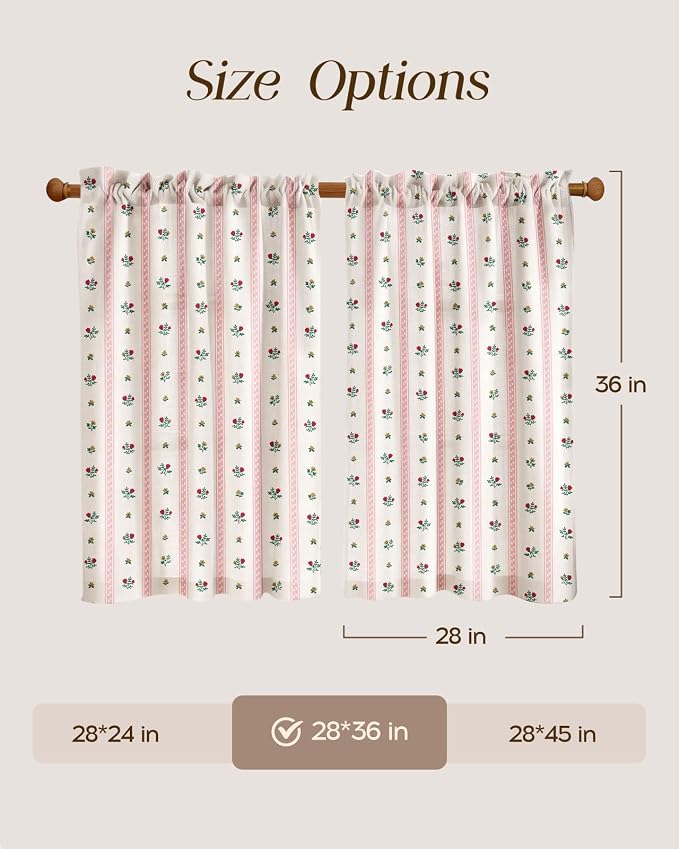 Miss Adola Farmhouse Kitchen Tier Curtains - 36 Inch Length Linen Blend Boho Floral Cafe Curtains Stripe Small Window Treatments Over Sink Rod Pocket for Bathroom Living Room Light Filtering, 2 Panels