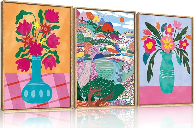 HOURIA Spring Colorful Flower Field Landscape Framed Canvas Wall Art Set,Abstract Pink Floral Vase Wall Decor,Natural Botanical Tree Artwork,Modern Sunrise Art Prints for Living Room,Farmhouse-24"x36"x3