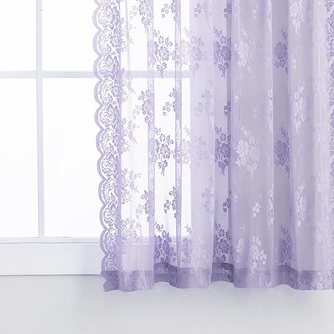 Light Purple Short Sheer Curtains 36 Inch Length, 2 Panels, W42 x L36 Inch Each, Country Rusitc Floral Vintage Small Lace Curtains for Kitchen Window Over Sink, Rod Pocket Privacy Lacy Tier Curtain
