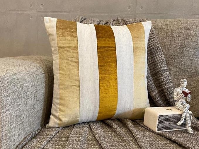 The HomeCentric Striped Decorative Throw Pillow Covers 26" x 26" | Modern Velvet Cushion Cover | Patchwork Gold Pillowcases for Couch, Sofa, Bed, or Living Room - Velvet Band Gold